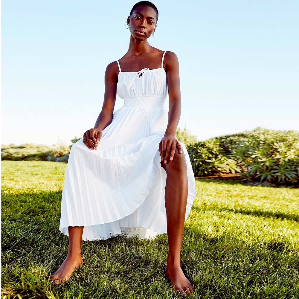 NWT J Crew Smocked waist pleated white midi dress 00